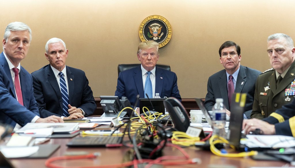 In this image released by the White House, President Donald Trump is joined by Vice President Mike Pence, second from left, and national security officials in the Situation Room of the White House on Oct. 26, 2019. (AP)