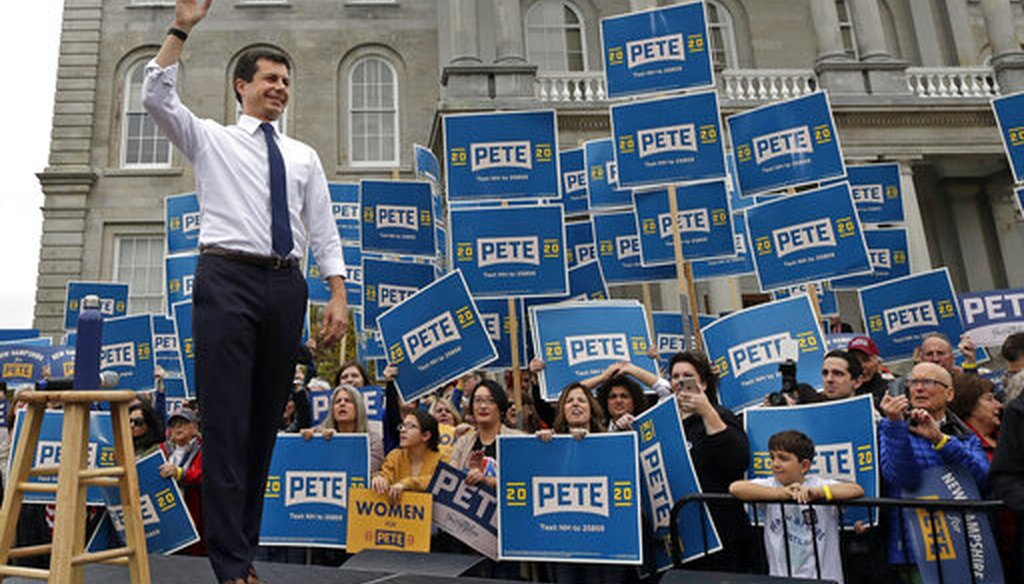Democratic presidential candidate Pete Buttigieg waves to supporters outside the Statehouse, Oct. 30, 2019, in Concord, N.H., after filing to be placed on the New Hampshire primary ballot. (AP/Elise Amendola)