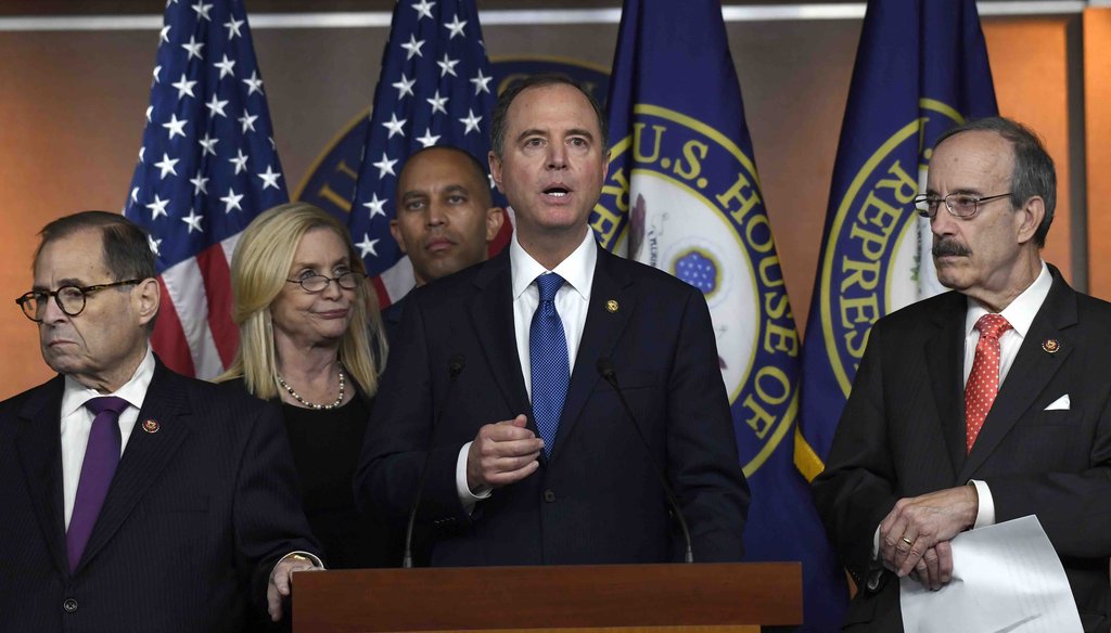 House Intelligence Committee Chairman Adam Schiff, D-Calif., second from right, speaks during a news conference on Capitol Hill in Washington on Oct. 31, 2019. (AP)