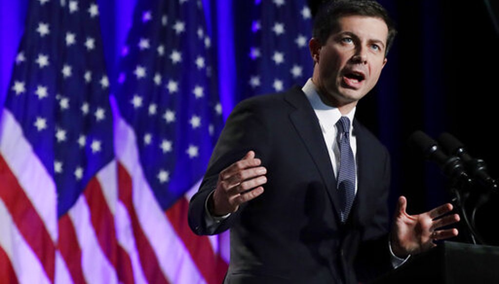 Democratic presidential candidate South Bend, Ind. Mayor Pete Buttigieg delivers a Veterans Day address at a campaign event, Nov. 11, 2019, in Rochester, N.H. (AP/Elise Amendola)