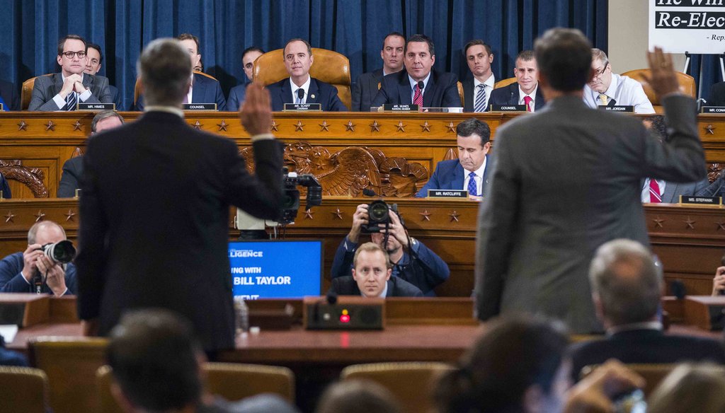 Top U.S. diplomat in Ukraine William Taylor, left, and Career Foreign Service officer George Kent are sworn in prior to testifying before the House Intelligence Committee on Capitol Hill in Washington on Nov. 13, 2019. (AP)