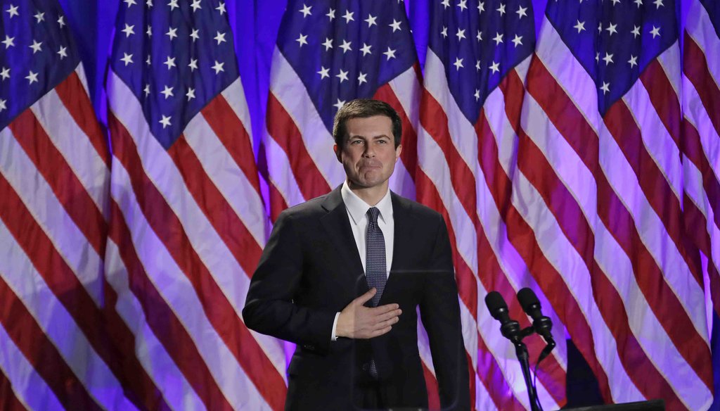 In this Nov. 11, 2019, file photo, Democratic presidential candidate South Bend, Ind. Mayor Pete Buttigieg reacts to applause after delivering a Veterans Day address during a campaign event in Rochester, N.H. (AP)