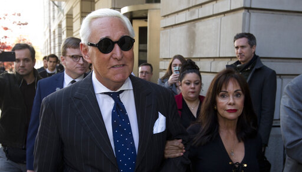 Roger Stone, left, with his wife Nydia Stone, leaves federal court in Washington on Nov. 15, 2019, after being found guilty at his trial. (AP/Magana)