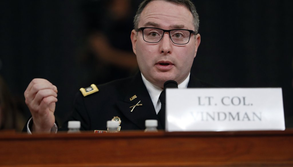 National Security Council aide Lt. Col. Alexander Vindman testifies before the House Intelligence Committee on Capitol Hill in Washington on Nov. 19, 2019. (AP)