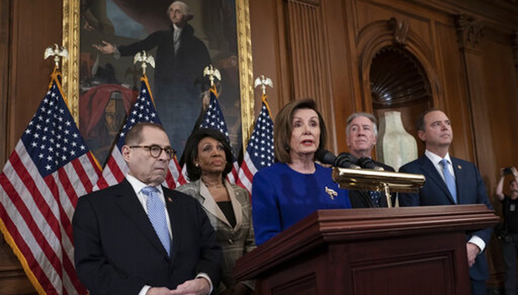 Speaker of the House Nancy Pelosi, D-Calif., joined by other Democratic leaders, announces that the House is pushing ahead with two articles of impeachment against President Donald Trump on Dec. 10, 2019. (AP)