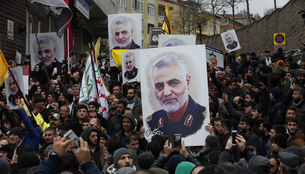 Protesters gather during a demonstration against the killing of Iranian Revolutionary Guard Gen. Qassem Soleimani, close to United States' consulate in Istanbul on Jan. 5, 2020. (AP)