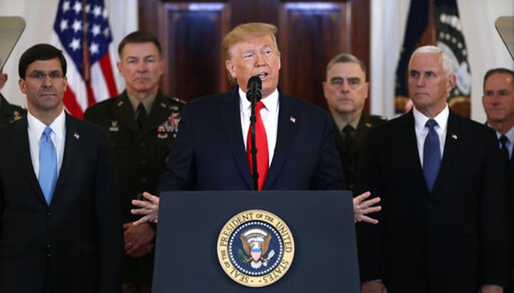 President Donald Trump addresses the nation from the White House on Jan. 8, 2020, in Washington, as Vice President Mike Pence and others look on. (AP/ Vucci)