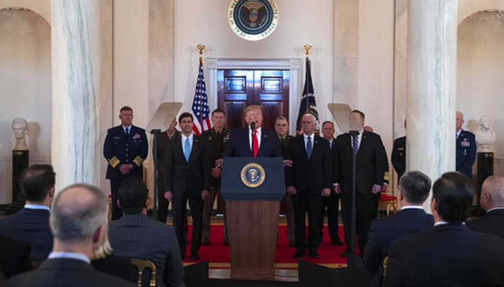President Donald Trump addresses the nation from the White House on the ballistic missile strike that Iran launched against Iraqi air bases housing U.S. troops, Jan. 8, 2020. (AP/ Evan Vucci)