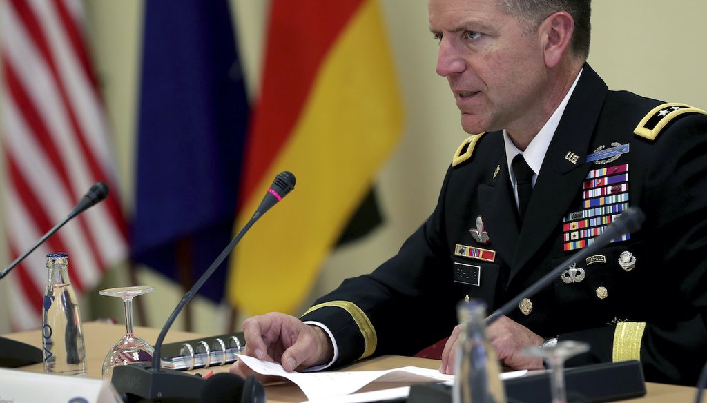 U.S. Army Europe Deputy Commanding General Andrew M. Rohling addresses the media during a press conference in Berlin, Jan. 14, 2020, on the Defender 2020 military exercise.