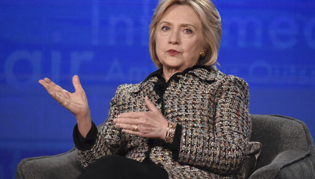 Hillary Clinton participates in the Hulu "Hillary" panel during the Winter 2020 Television Critics Association Press Tour, Jan. 17, 2020, in Pasadena, Calif. (Richard Shotwell/Invision/AP)