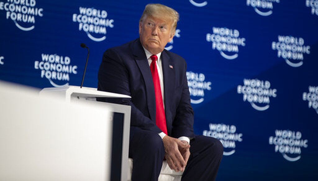 President Donald Trump on stage at the World Economic Forum on Jan. 21, 2020, in Davos, Switzerland. (AP/Vucci)