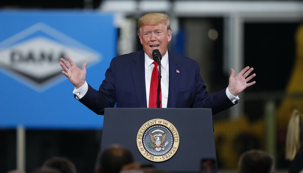 President Donald Trump speaks about the new North American trade agreement at Dana Incorporated, Thursday, Jan. 30, 2020, in Warren, Mich. (Associated Press)