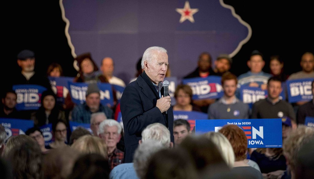 Democratic presidential candidate former Vice President Joe Biden speaks at a campaign stop at National Cattle Congress Pavilion on Feb. 1, 2020, in Waterloo, Iowa. (AP)