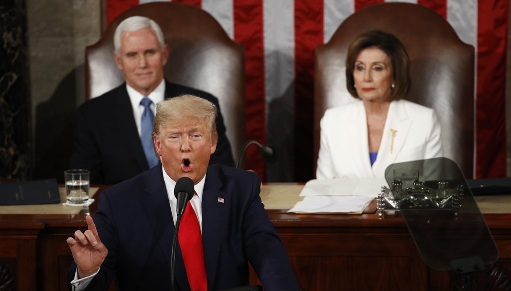 President Donald Trump delivers his State of the Union address to a joint session of Congress on Capitol Hill in Washington on Feb. 4, 2020, as Vice President Mike Pence and House Speaker Nancy Pelosi, D-Calif., watch. (AP)