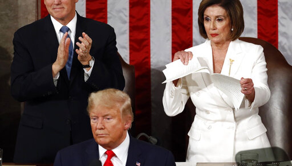 House Speaker Nancy Pelosi, D-Calif., tears her copy of President Donald Trump's State of the Union address after he delivered it to Congress on Feb. 4, 2020, in Washington. (AP/Semansky)