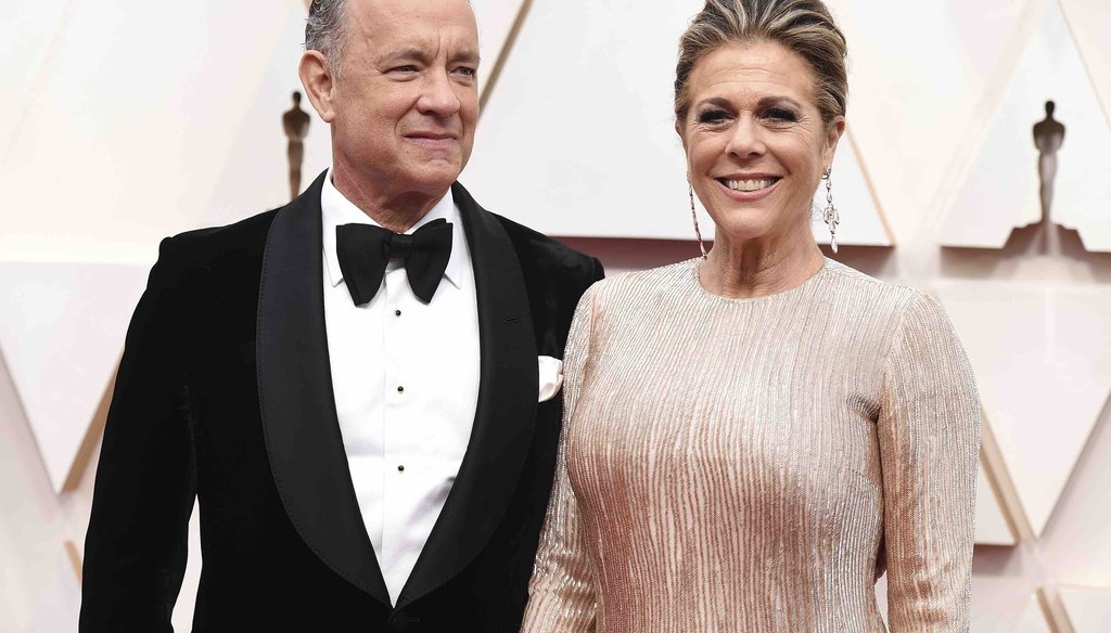Tom Hanks, left, and Rita Wilson arrive at the Oscars on Feb. 9, 2020, at the Dolby Theatre in Los Angeles. (AP)