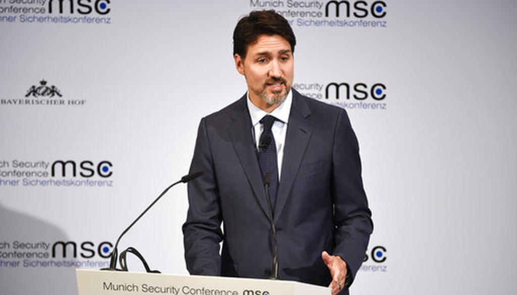 Canadian Prime Minister Justin Trudeau speaks during the Munich Security Conference in Munich, Germany, on Feb. 14, 2020. (AP/Meyer)