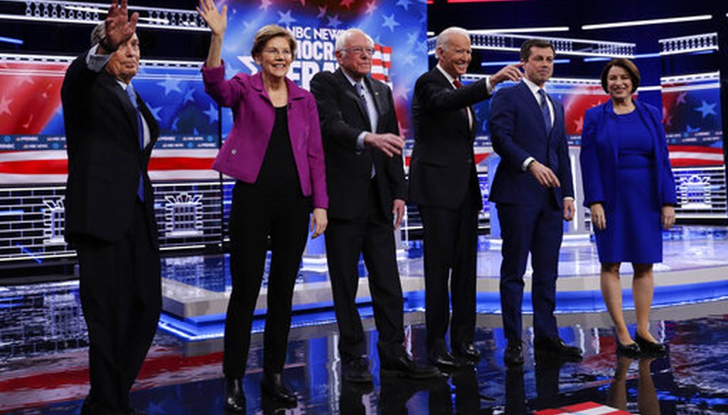 Democratic presidential candidates Michael Bloomberg, Elizabeth Warren, Bernie Sanders, Joe Biden, Pete Buttigieg and Amy Klobuchar before a debate in Las Vegas. (AP)