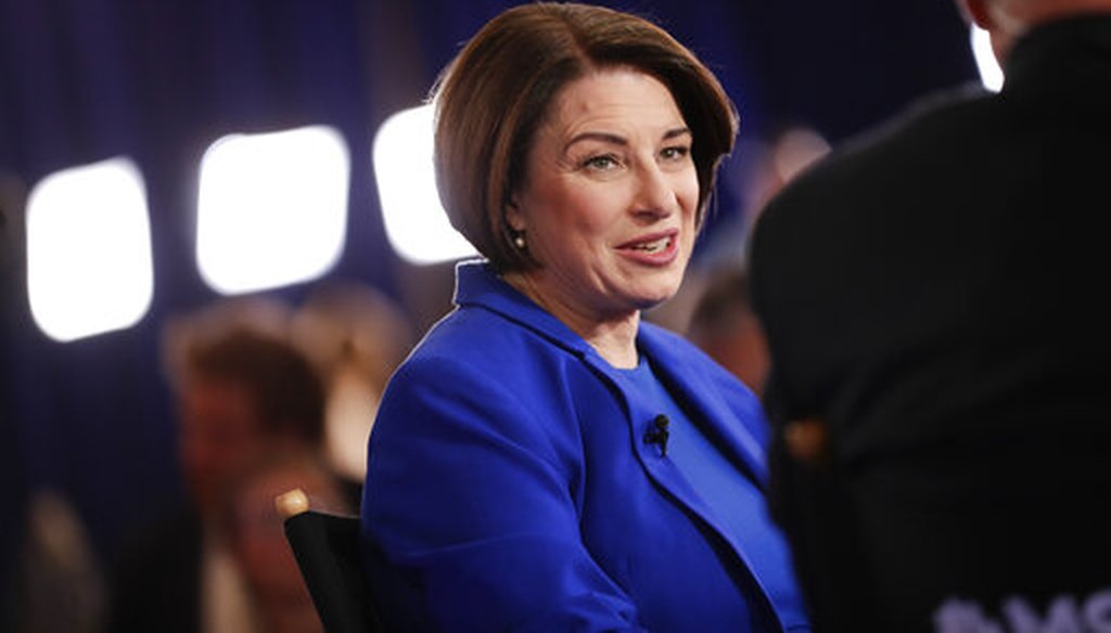 Sen. Amy Klobuchar, D-Minn., is interviewed after a Democratic presidential primary debate hosted by NBC News and MSNBC on Feb. 19, 2020, in Las Vegas. (AP/York)