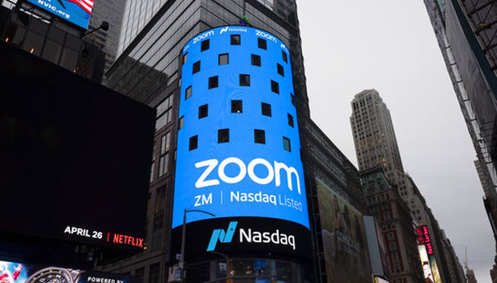 A sign for Zoom Video Communications is shown in New York on April 18, 2019. (AP/Lennihan)