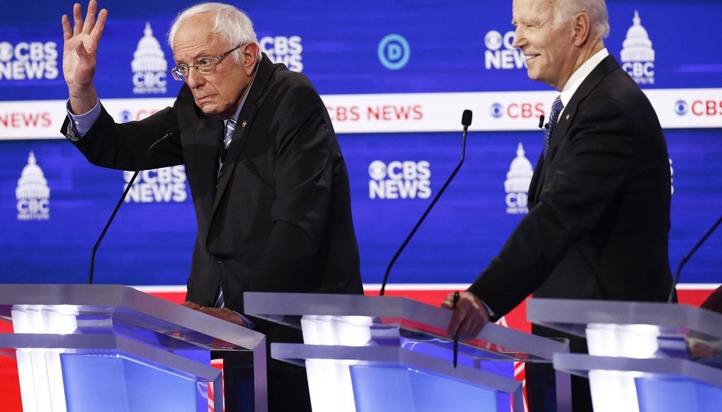 Democratic presidential candidates Bernie Sanders and Joe Biden participate in a Democratic debate on Feb. 25, 2020, in Charleston, S.C. (AP)