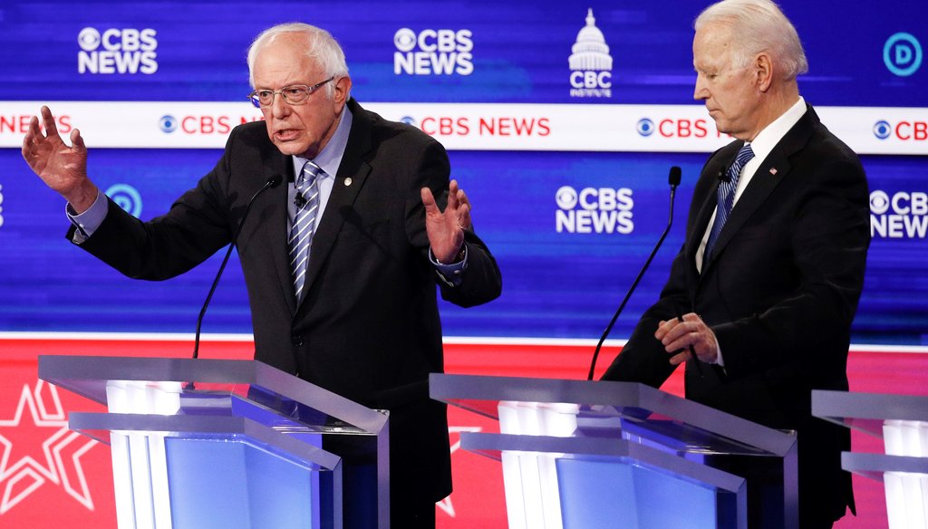 Democratic presidential candidates Bernie Sanders, and Joe Biden participate in a Democratic presidential primary debate on Feb. 25, 2020, in Charleston, S.C. (AP)