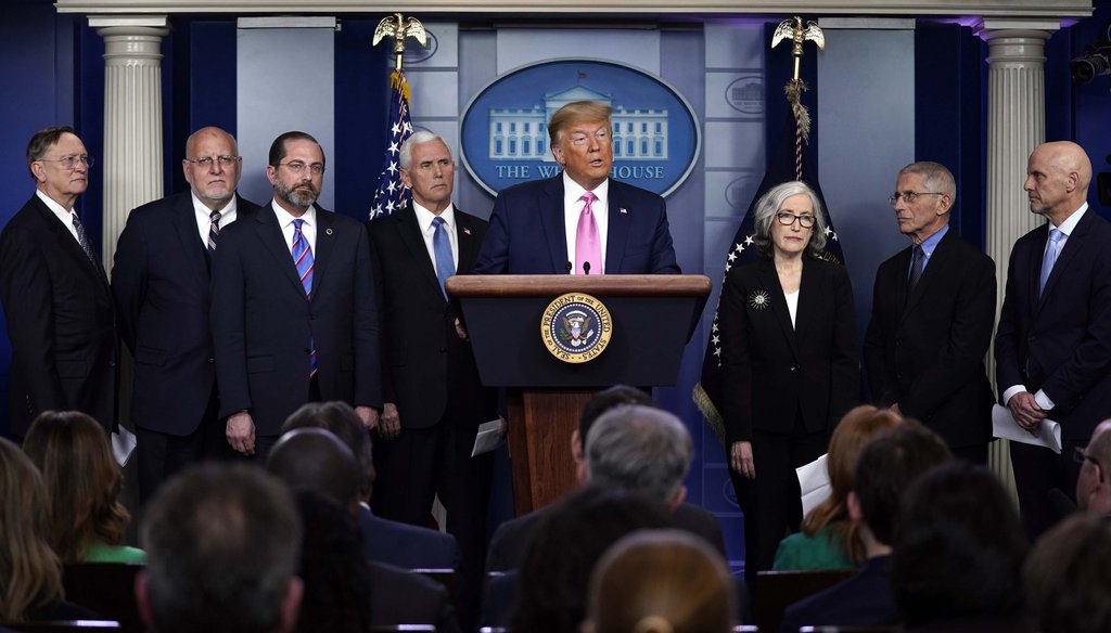 President Donald Trump with members of the president's coronavirus task force speaks during a news conference in the Brady Press Briefing Room of the White House on Feb. 26, 2020, in Washington. (AP)