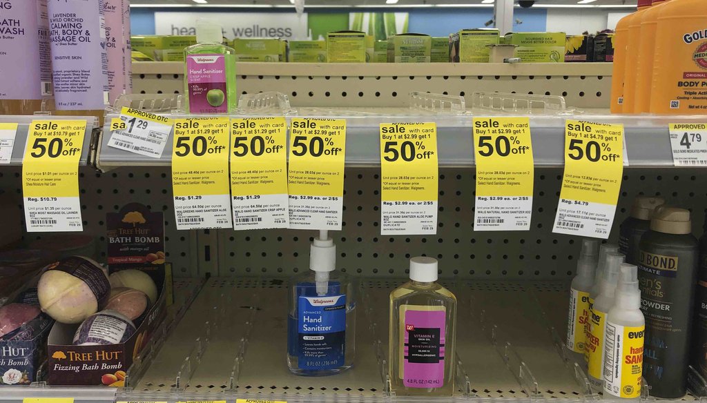 Only a few bottles of hand sanitizers remain on the shelves at a Walgreen Pharmacy on Feb. 28, 2020, in Miami Shores, Fla. (AP)
