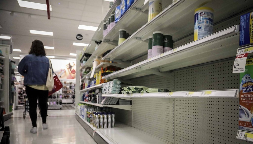 In this March 3, 2020 file photo, empty shelves for disinfectant wipes wait for restocking, as concerns grow around COVID-19, in New York. (AP)