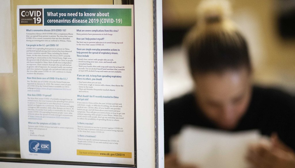 In this March 6, 2020, photo, an information sheet on the new coronavirus is posted in the lobby of the South Shore Rehabilitation and Skilled Care Center, in Rockland, Mass. (AP)