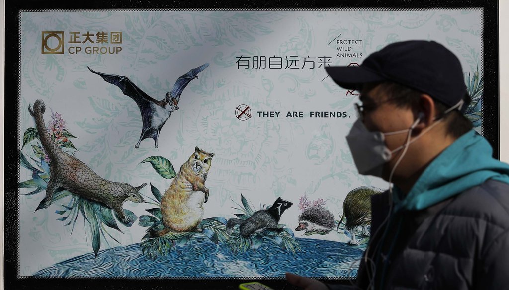 A man wearing a protective face mask walks by a poster in Beijing promoting the protection of wildlife, on March 11, 2020. (AP)