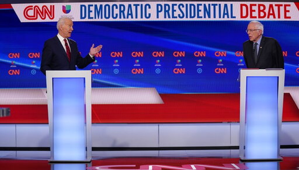Former Vice President Joe Biden, left, and Sen. Bernie Sanders, I-Vt., right, participate in a Democratic presidential primary debate at CNN Studios in Washington, March 15, 2020. (AP/Evan Vucci)