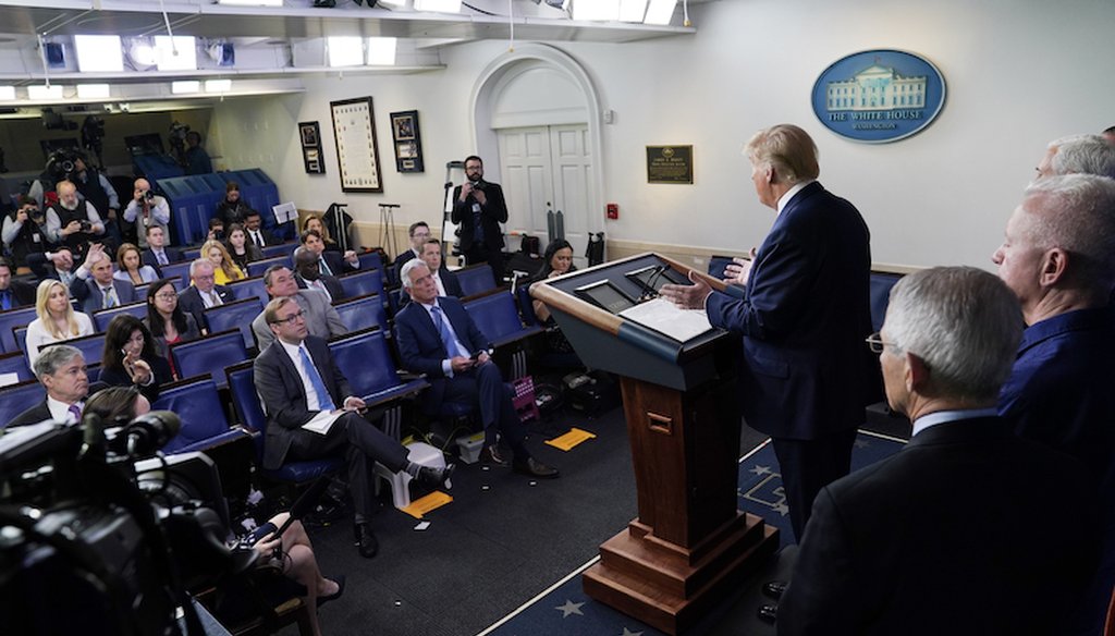 President Donald Trump speaks during a press briefing with the coronavirus task force, at the White House, Tuesday, March 17, 2020, in Washington. (Evan Vucci/AP)