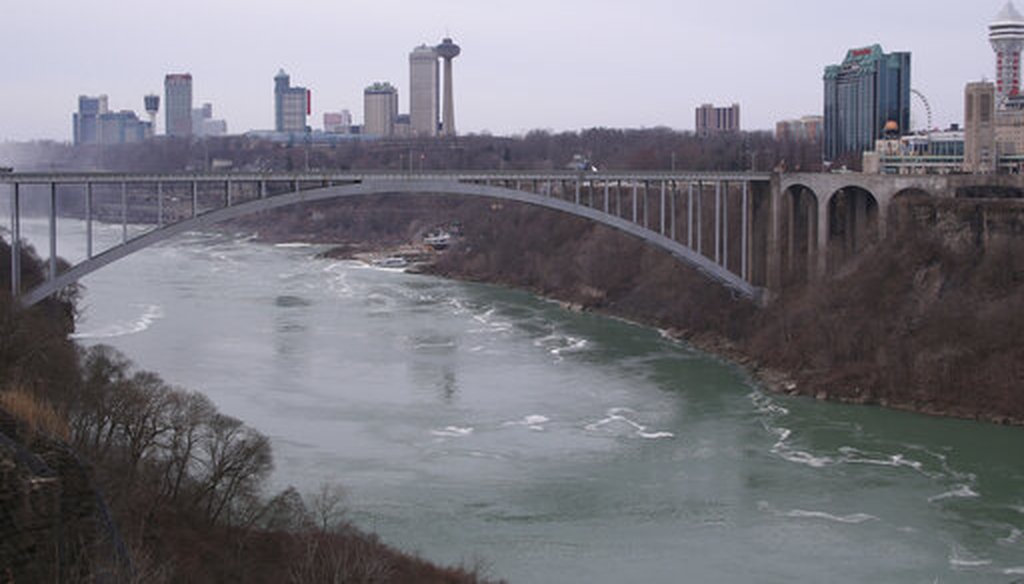 The Rainbow Bridge connecting Niagara Falls, N.Y., left, to Niagara Falls, Ontario, on March 18, 2020. The Canada-U.S. border was closed to non-essential traffic to contain the coronavirus. (AP)