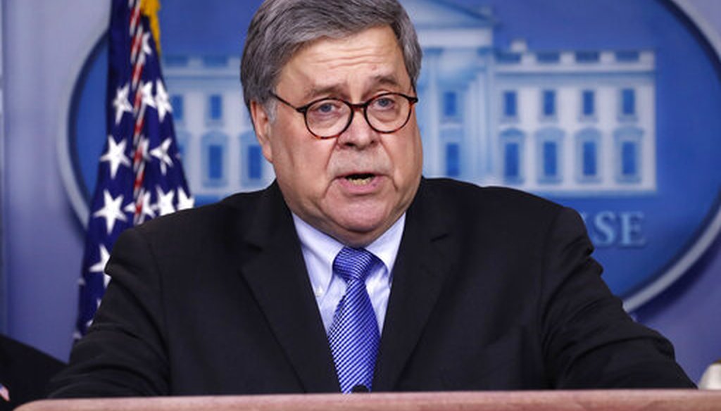 Attorney General William Barr speaks about the coronavirus in the James Brady Briefing Room on March 23, 2020, in Washington. (AP/Brandon)