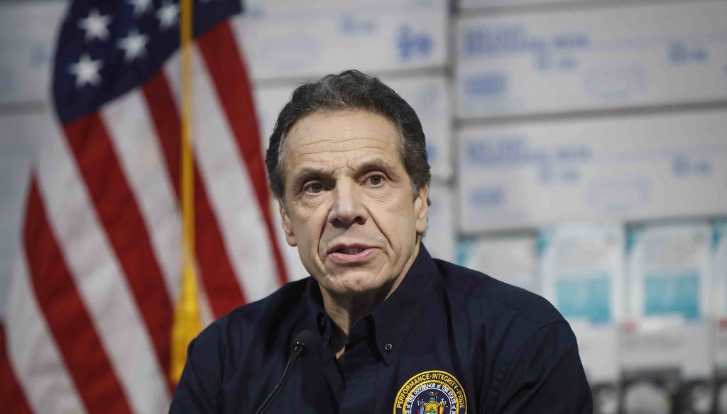 New York Gov. Andrew Cuomo speaks during a news conference against a backdrop of medical supplies at the Jacob Javits Center that will house a temporary hospital in response to the COVID-19 outbreak on March 24, 2020, in New York. (AP)