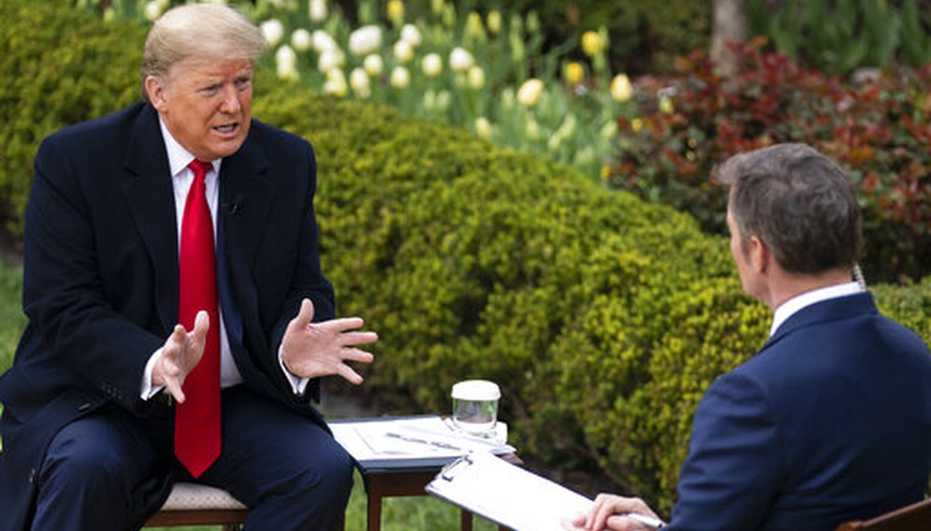 President Donald Trump talks with host Bill Hemmer during a Fox News virtual town hall with members of the coronavirus task force, in the Rose Garden at the White House, March 24, 2020, in Washington. (AP/Evan Vucci)