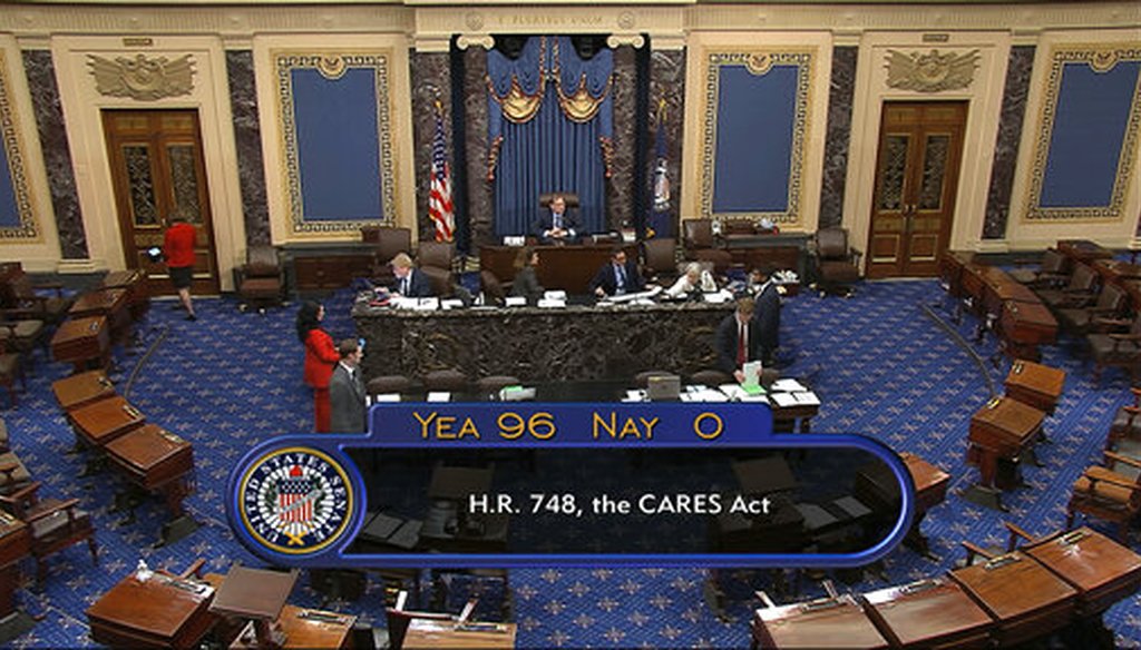 The final vote of 96-0 shows passage of the $2.2 trillion economic rescue package in response to coronavirus pandemic on March 25, 2020. (Senate Television via AP)