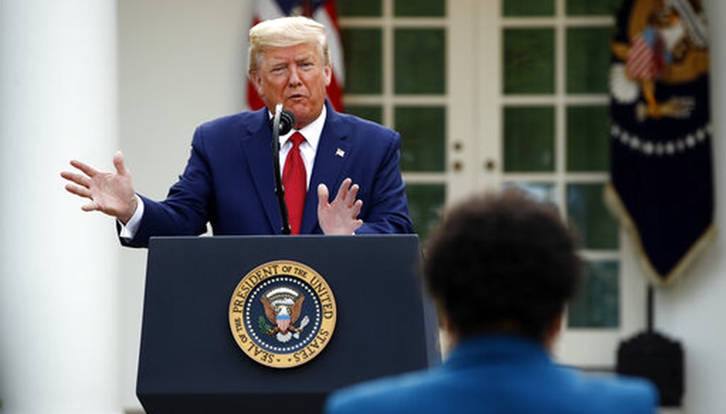 President Donald Trump answers a question from PBS reporter Yamiche Alcindor during a coronavirus task force briefing in the Rose Garden of the White House on March 29, 2020. (AP)