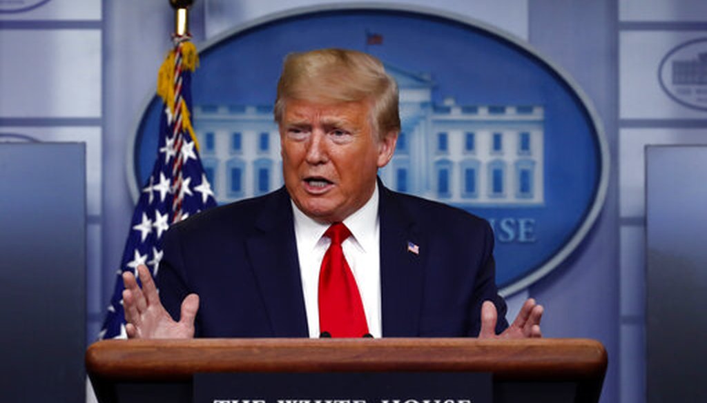 President Donald Trump speaks about the coronavirus in the James Brady Press Briefing Room of the White House, Wednesday, April 8, 2020. (AP Photo/Alex Brandon)