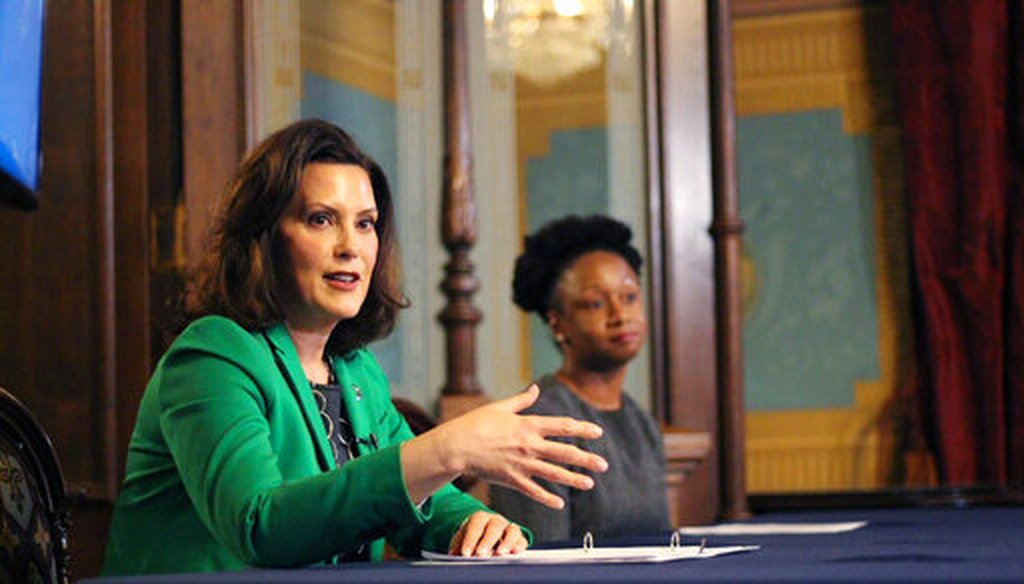 Michigan Gov. Gretchen Whitmer discusses details of her executive order on April 9, 2020, in Lansing (AP).