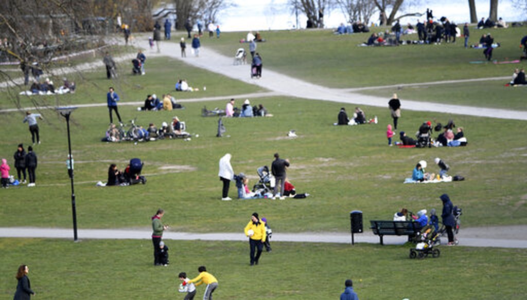 People visit Rålambshovsparken Park in Stockholm, Sweden, on April 18, 2020. Sweden has reported a sharp spike in COVID-19 deaths, and authorities have advised the public to practice social distancing, but no widespread lockdown has been imposed. (AP)