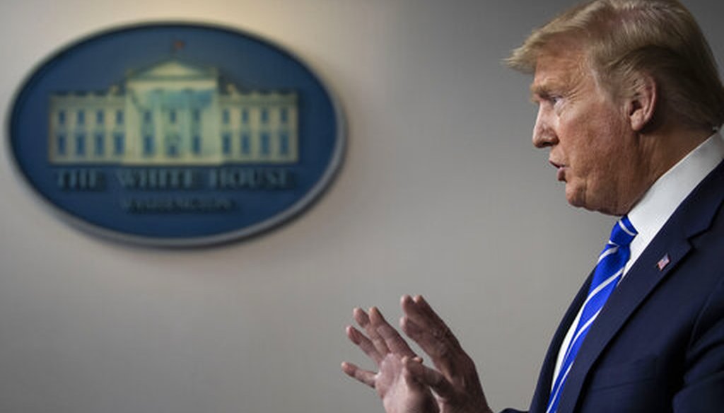 President Donald Trump speaks about the coronavirus in the James Brady Press Briefing Room of the White House on April 23, 2020, in Washington. (AP)