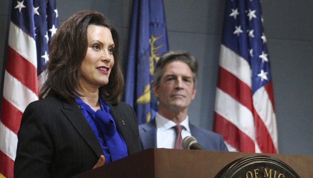 In a pool photo provided by the Michigan Office of the Governor, Michigan Gov. Gretchen Whitmer addresses the state during a speech in Lansing, Mich., on April 27, 2020. (Michigan Office of the Governor via AP)
