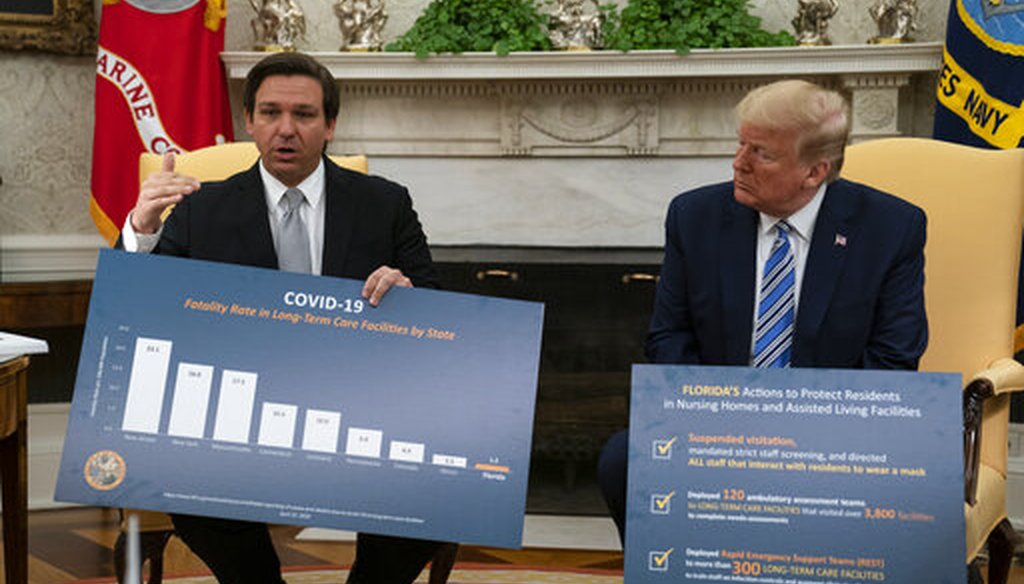 President Donald Trump listens as Gov. Ron DeSantis, R-Fla., talks about the coronavirus response during a meeting in the Oval Office of the White House, April 28, 2020. (AP/Evan Vucci)