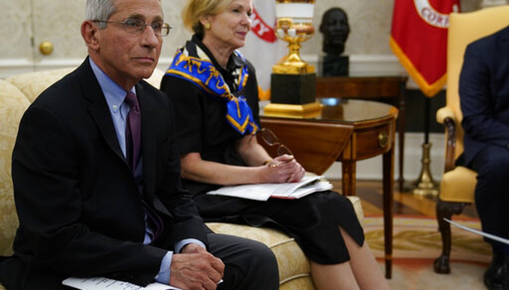 Drs. Anthony Fauci and Deborah Birx attend an Oval Office meeting about the coronavirus on April 29, 2020. Fauci announced positive results of a clinical trial of the drug remdesivir. (AP)