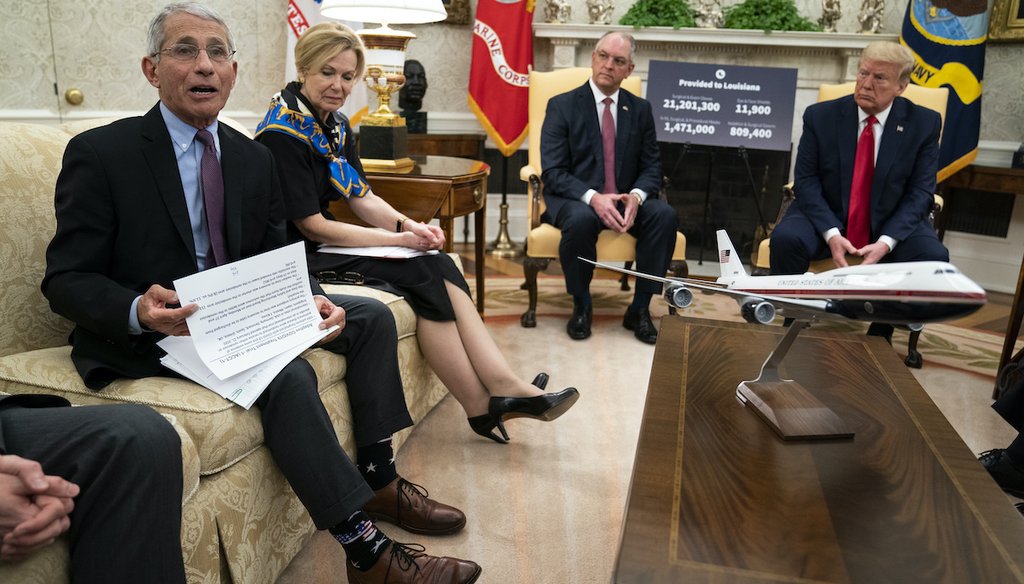 Dr. Anthony Fauci speaks at a meeting with President Donald Trump and Gov. John Bel Edwards, D-La., about the coronavirus response, in the White House Oval Office on April 29, 2020. From left, Fauci, Dr. Deborah Birx, Bel Edwards, and Trump. (AP)