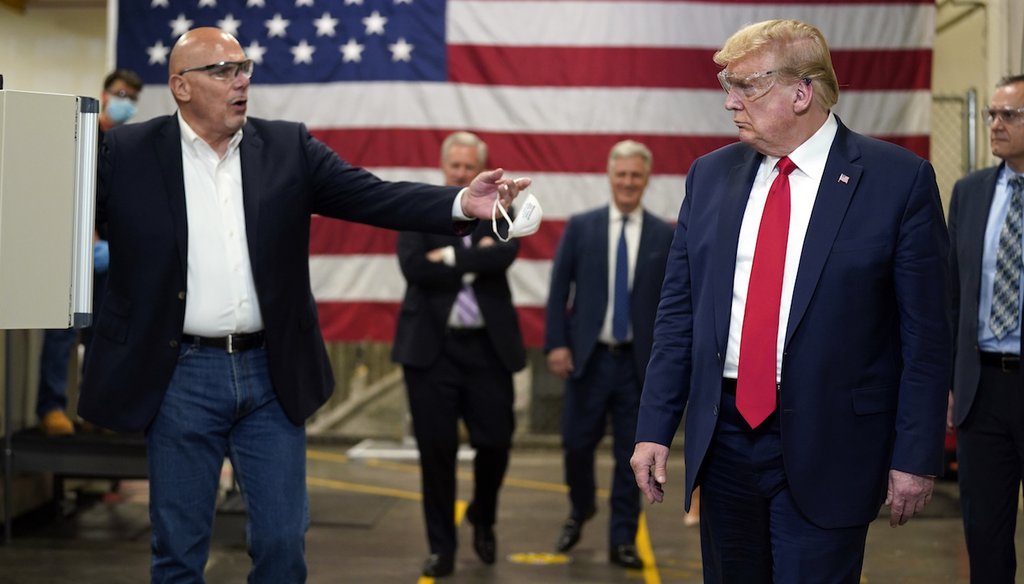 President Donald Trump participates in a tour of a Honeywell International plant that manufactures personal protective equipment, May 5, 2020, in Phoenix. (AP)