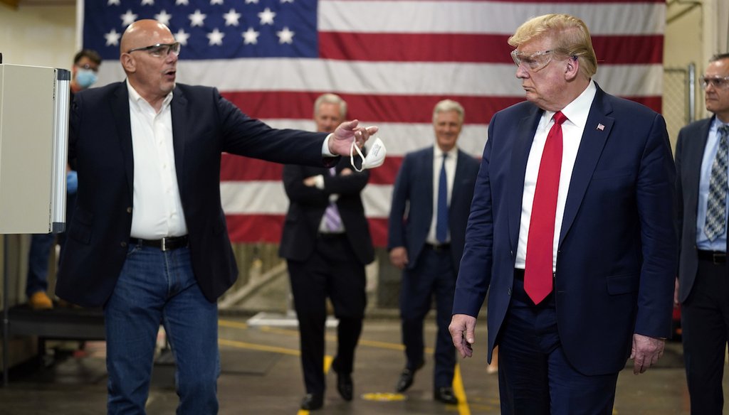 President Donald Trump participates in a tour of a Honeywell International plant that manufactures personal protective equipment,  May 5, 2020, in Phoenix. (AP)