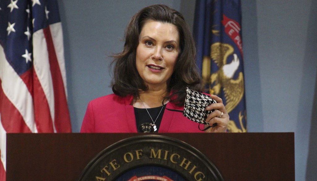 In this May 21, 2020, file photo provided by the Michigan Office of the Governor, Michigan Gov. Gretchen Whitmer speeks during a news conference in Lansing, Mich. (AP)